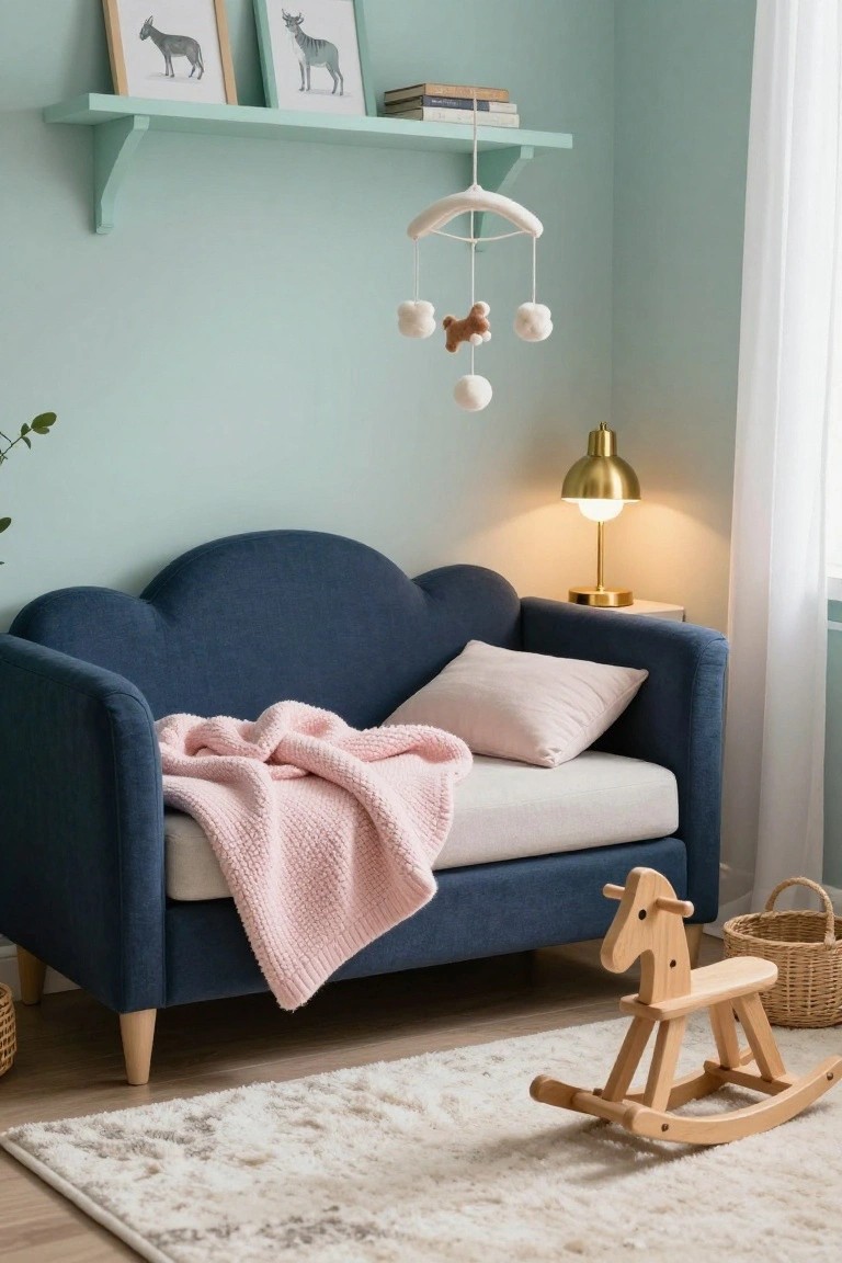 Mint green nursery corner with navy blue cloud-shaped sofa bed draped in pink blanket, pink pillow, gold lamp on side table, hanging mobile, wooden rocking horse on rug, and animal art on shelves.