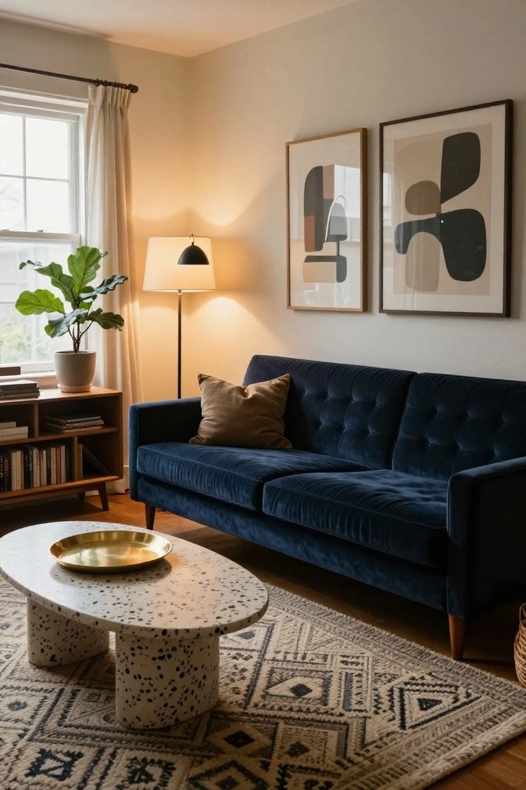 Living room with navy blue tufted velvet sofa, white speckled terrazzo coffee table on neutral patterned rug, abstract neutral artworks on wall, fiddle leaf fig plant by window, floor lamp, and wood shelving unit.