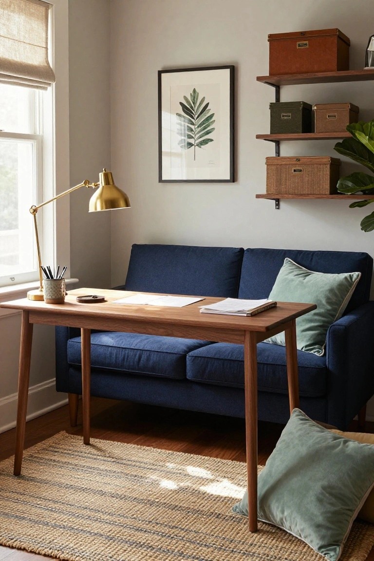 Navy blue two-seater sofa beside a wooden desk with papers and pens in a light gray room featuring wood shelves with storage boxes, a gold desk lamp, and window light.