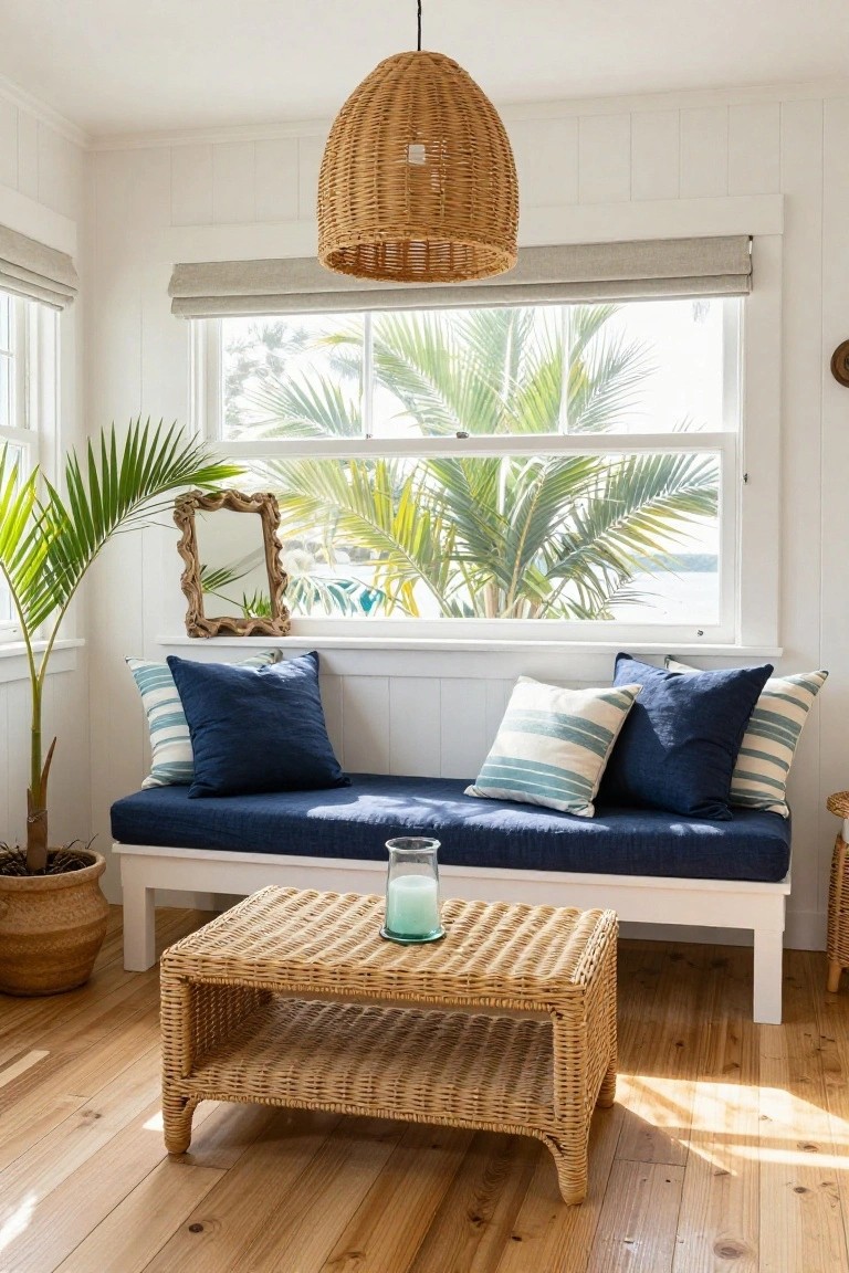 Navy blue bench seat with assorted pillows on a white wooden bench under a window showing palm trees and water, with rattan coffee table, potted plants, and woven pendant light in a white-walled room.