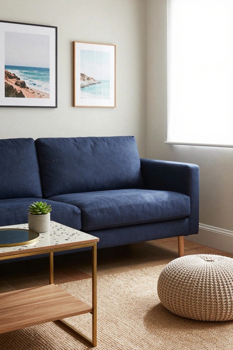 Navy blue fabric sofa in a corner of a light greige living room with two framed ocean cliff photos on walls, brass and terrazzo coffee table holding a plant, wooden shelf below, and cream pouf on seagrass rug.