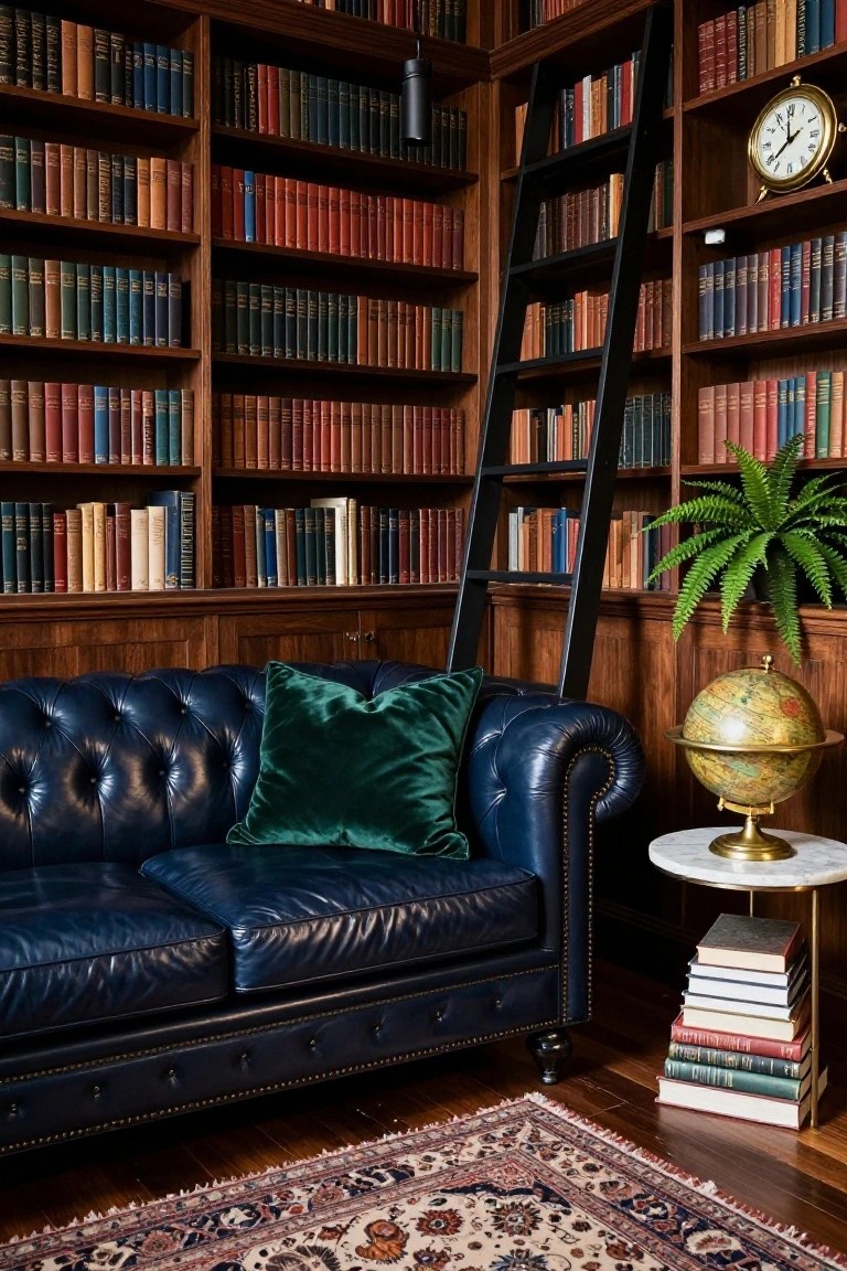 Wood-paneled library interior with floor-to-ceiling bookshelves, black rolling ladder, navy tufted leather sofa with green velvet pillows, brass globe on marble side table, stack of books, potted fern, wall clock, and Persian rug on wood floor.