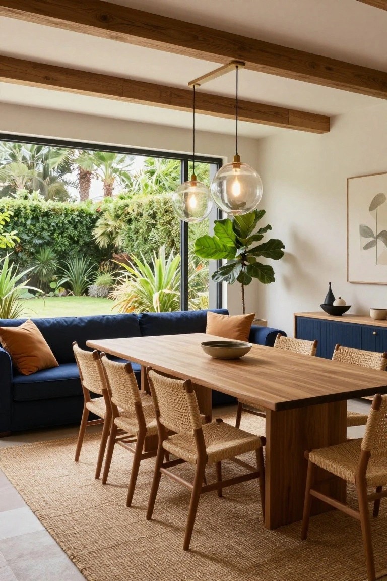 Indoor open-plan dining area with navy blue sofa adjacent to rectangular wooden table and rattan chairs, exposed wood beam ceiling, large black-framed windows overlooking garden with palms and greenery, beige rug on tile floor.