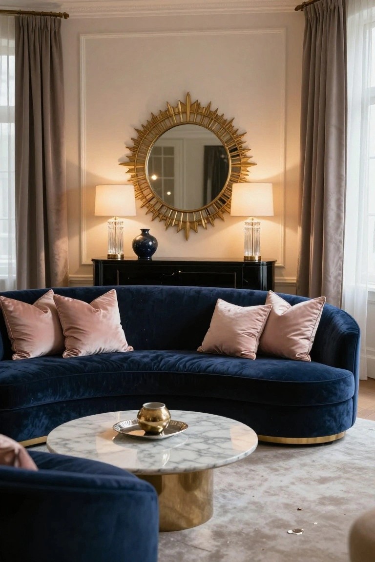 Curved navy velvet sofa with blush pink pillows in a living room with gold sunburst mirror above black console table holding blue vase and lamps, marble coffee table, and beige curtains on windows.