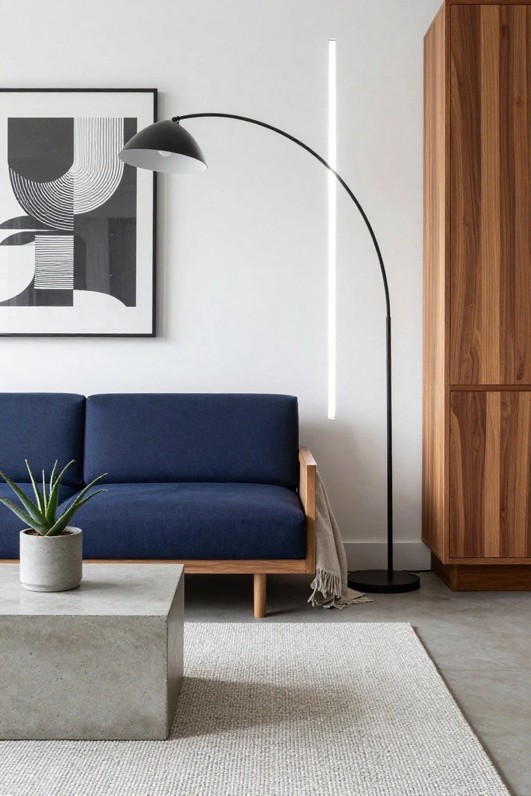 Modern living room with navy blue two-seater sofa, gray concrete coffee table holding potted aloe vera plant, black arc floor lamp, white floor lamp, abstract black and white wall art, tall wooden cabinet, beige rug, and polished concrete floor.