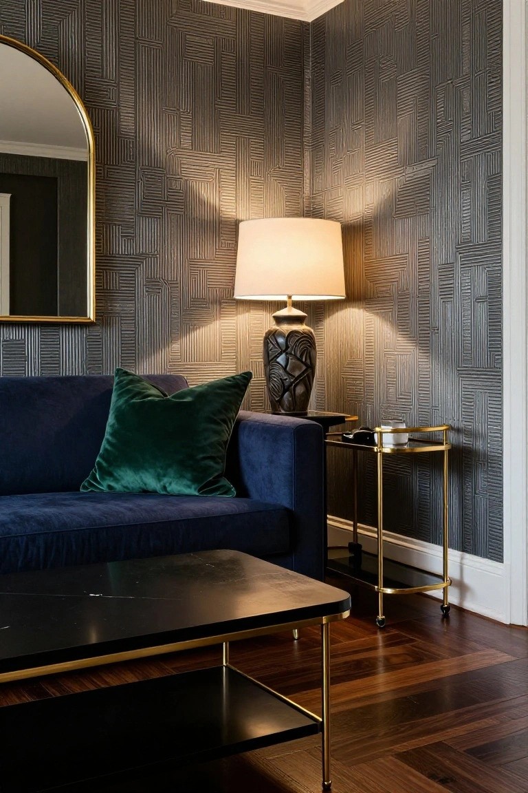 Corner living room with navy velvet sofa and emerald green pillows, black marble coffee table on gold legs, brass side table with lamp, and geometric textured gray walls.