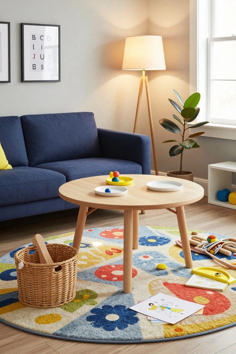 Navy blue sofa in a living room next to a round wooden coffee table on a colorful patterned rug with toys, wooden mallet in a basket, plates with balls, potted plant, floor lamp, and white shelving unit.
