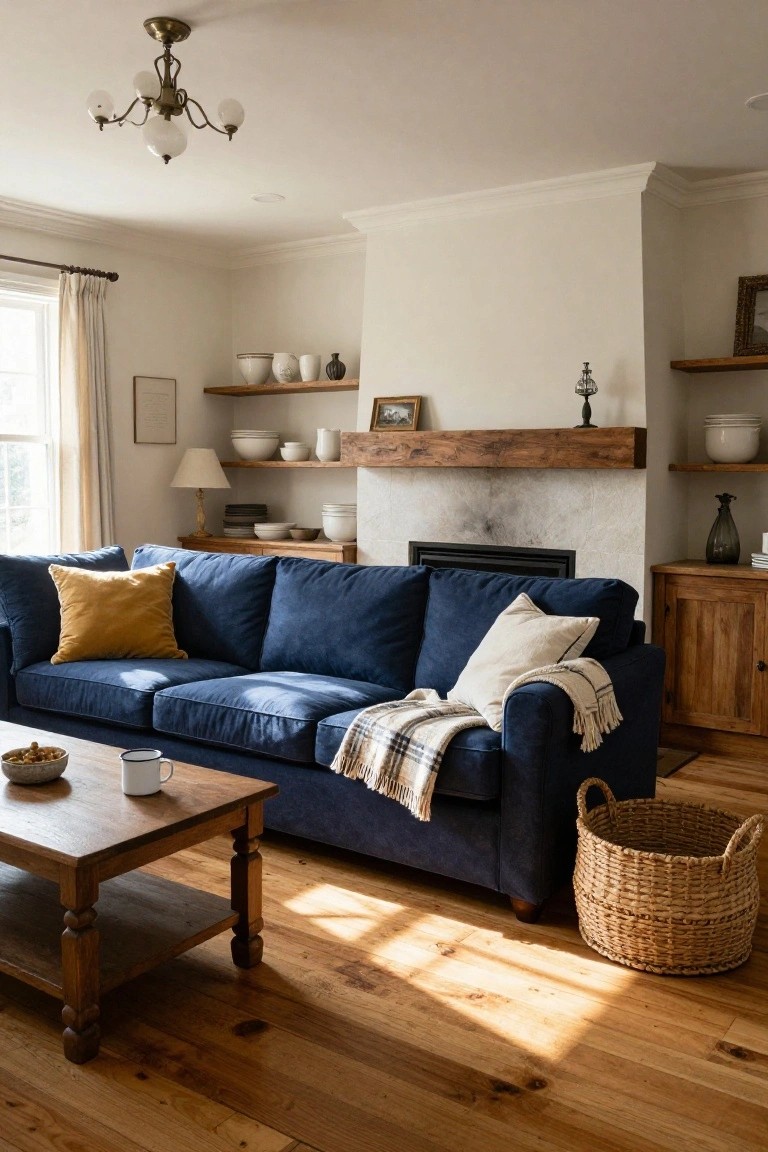 Living room with navy blue sofa draped in white and plaid blankets with yellow and white pillows, wooden coffee table holding a bowl and mug, white stone fireplace with wood mantel and shelves holding ceramics, wooden cabinets, and hardwood floors.