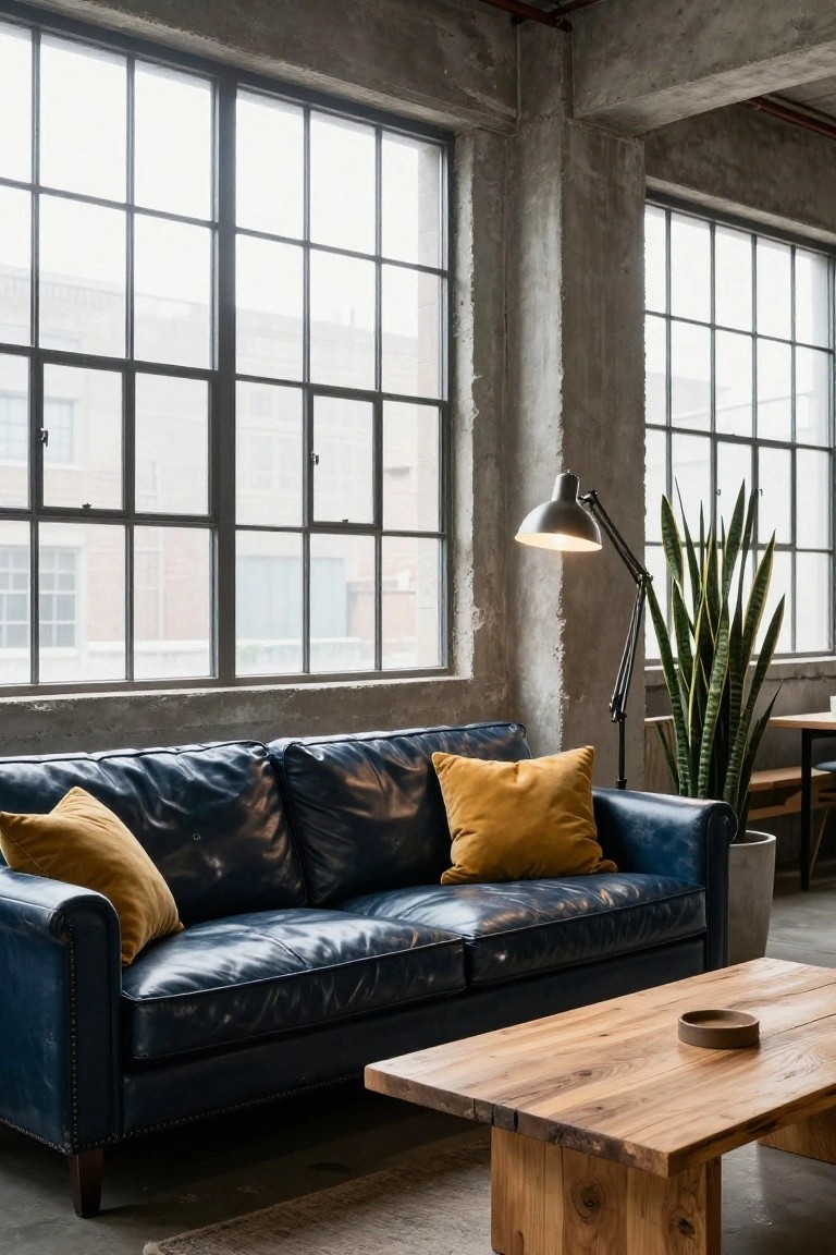 Industrial loft living room with navy leather sofa topped by yellow cushions, wooden coffee table, adjustable lamp, potted snake plant, and large metal-framed windows overlooking brick buildings.