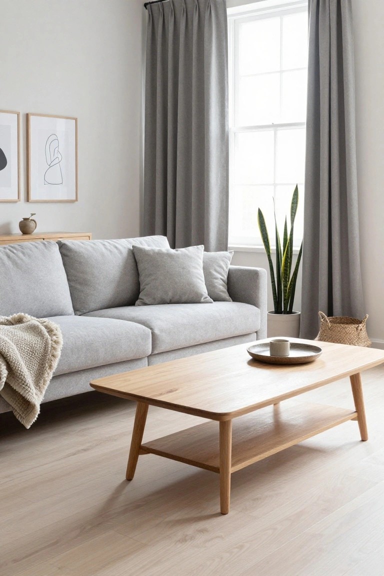 Modern living room with light gray fabric sofa draped in a cream throw, light oak tapered-leg coffee table with lower shelf and ceramic dish on top, tall snake plant in white pot near gray curtains on large window, neutral walls with abstract framed art, light wood floor.