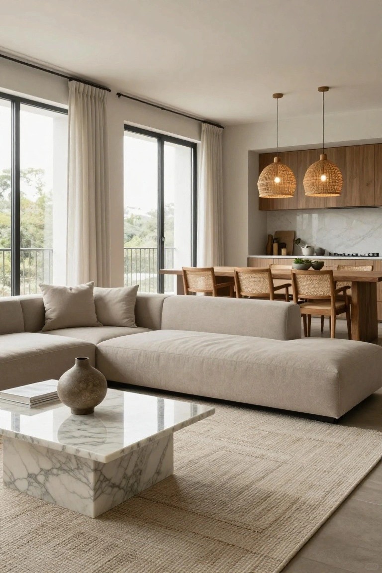 Modern open-plan living room with light beige L-shaped sofa, low white marble coffee table topped with books and a large terracotta vase, neutral woven rug, rattan pendant lights over wooden kitchen island, and large windows with greenery view.