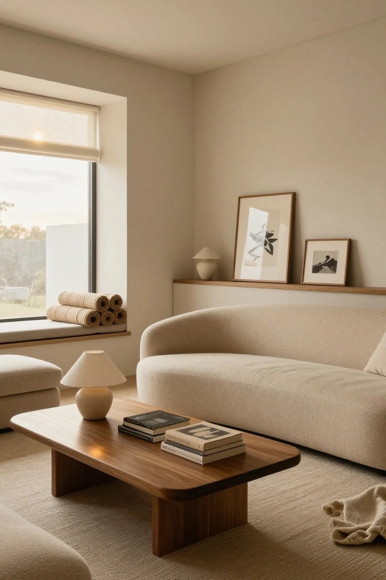 Curved light beige boucle sofa in a neutral living room with low wooden coffee table holding stacked books and ceramic lamp, window sill with stacked rolled beige towels, framed artwork on wooden shelf, ottomans, and neutral rug.
