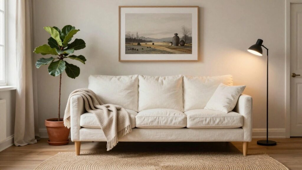 A beige linen sofa with throw blanket and pillows in a light wood-floored living room next to wooden shelves, a tall potted fiddle leaf fig plant, black floor lamp, and large landscape artwork on the wall.