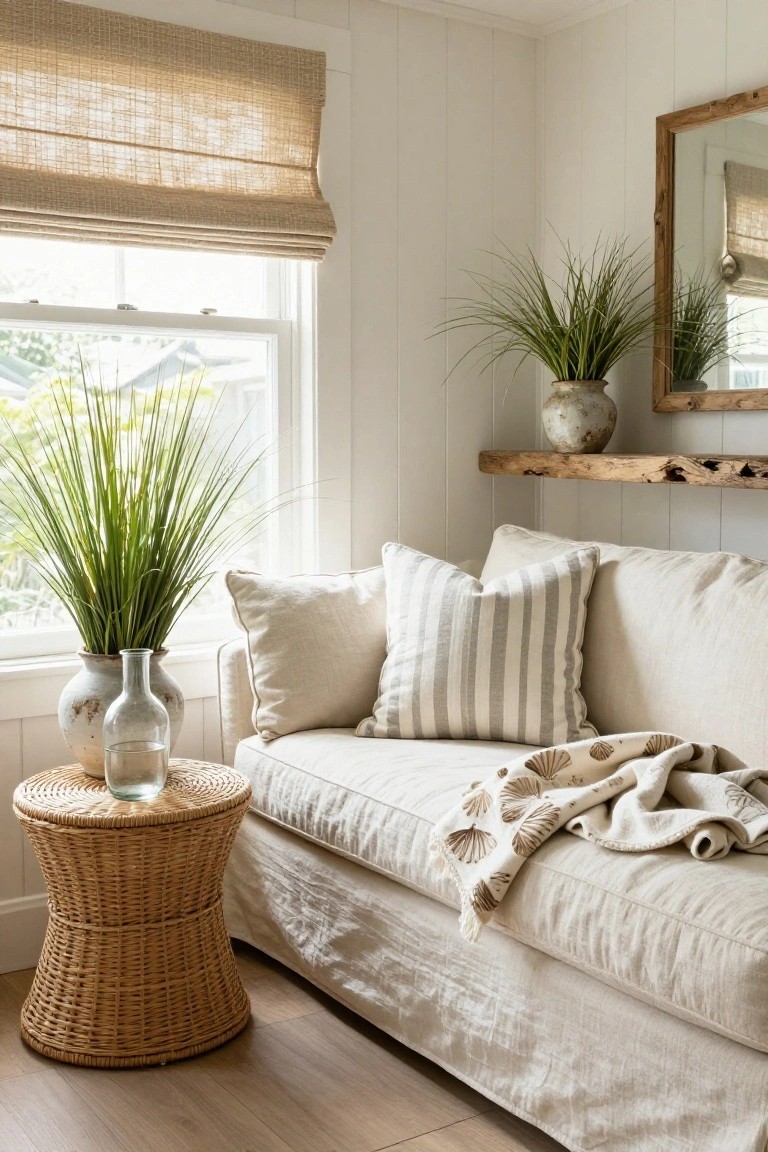 White paneled room corner with beige linen slipcovered sofa, tall potted grasses flanking it, rattan side table holding a glass vase, striped pillows, shell throw blanket, and window with bamboo shade.