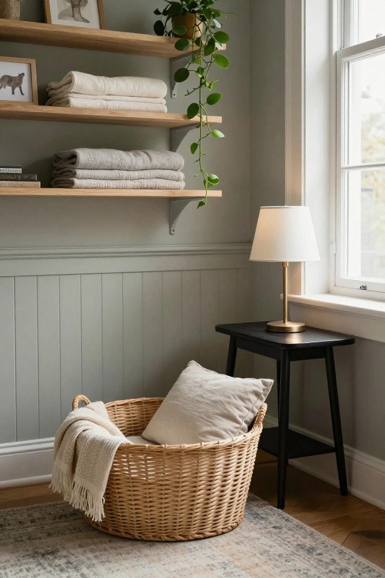 Corner of a sage green paneled room with oak open shelves holding folded white and gray linens, books, and a trailing plant, beside a black side table with brass lamp, and a floor basket filled with a pillow and throw blanket near a window.