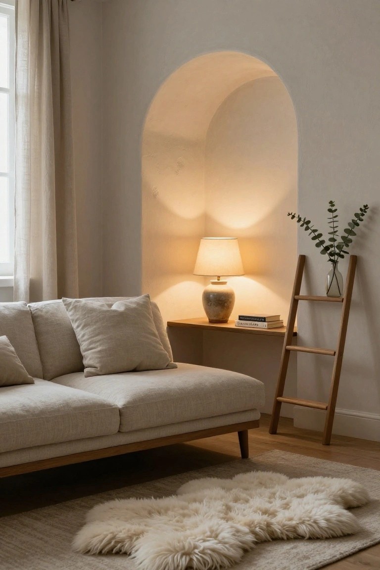 Beige linen sofa in a light room corner beside a wooden ladder shelf with books and eucalyptus in a vase, arched niche with ceramic lamp, sheer curtains on window, and sheepskin rug on wood floor.