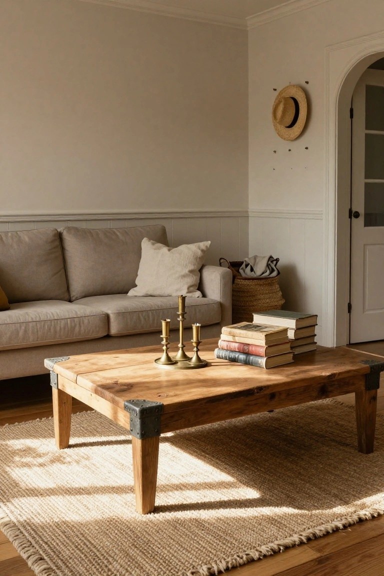 Beige linen sofa in a white-walled room with wooden coffee table holding stacked books and brass candlesticks, seagrass rug on hardwood floor, wicker basket nearby, straw hat on wall.