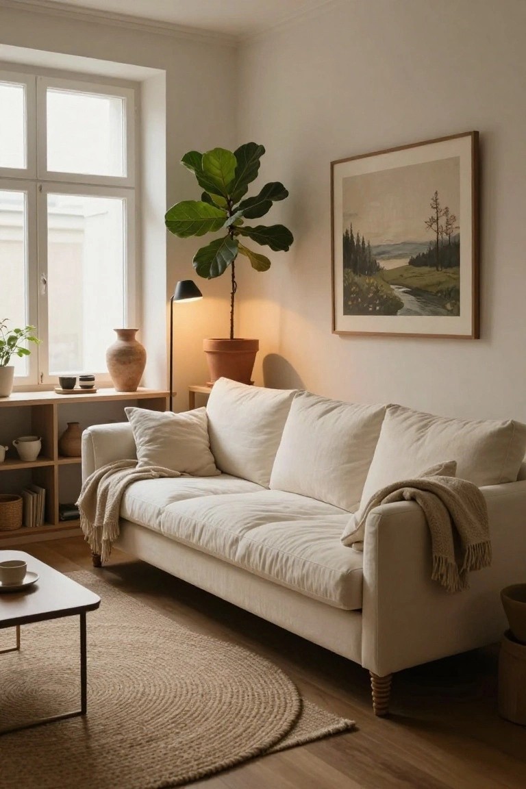 A beige linen sofa with throw blanket and pillows in a light wood-floored living room next to wooden shelves, a tall potted fiddle leaf fig plant, black floor lamp, and large landscape artwork on the wall.