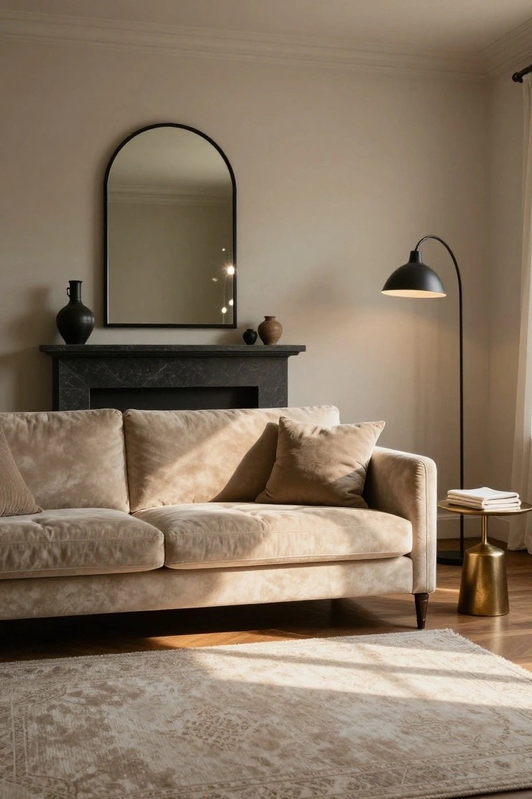 Beige velvet three-seater sofa in a light beige room beside a black marble fireplace topped with black vases and an arched black-framed mirror, black arc floor lamp, gold side table holding stacked white towels and books, large cream rug on wood floors.
