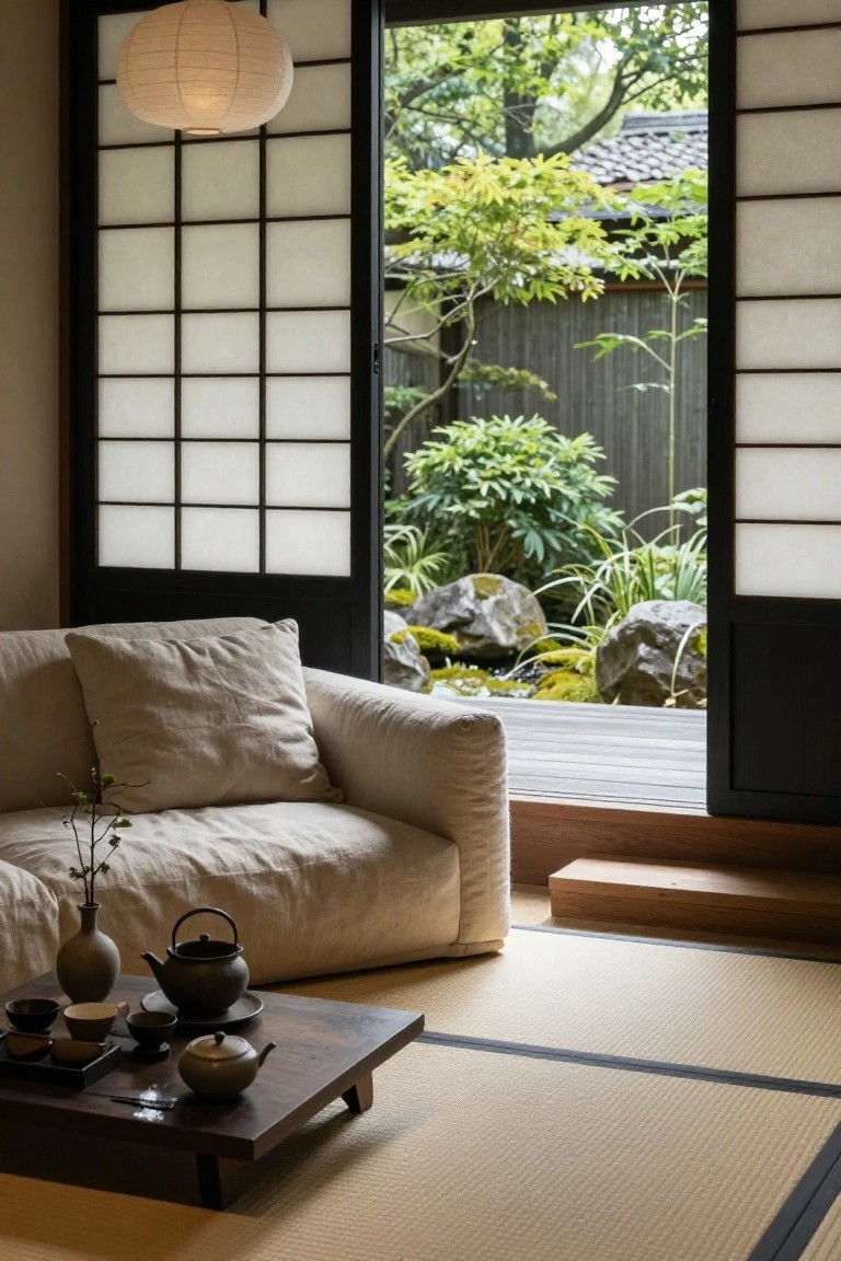 Cream linen sofa on tatami mats in a Japanese-style room with shoji screens open to a garden of rocks, moss, ferns, and trees, low wooden table with teapot and cups in front.