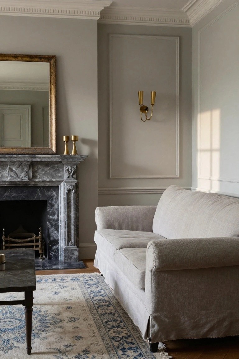 Gray linen slipcovered sofa positioned in front of ornate black marble fireplace in light gray paneled living room with gold wall sconce, mirror, candle holders, low black table, and blue and white rug on wood floor.