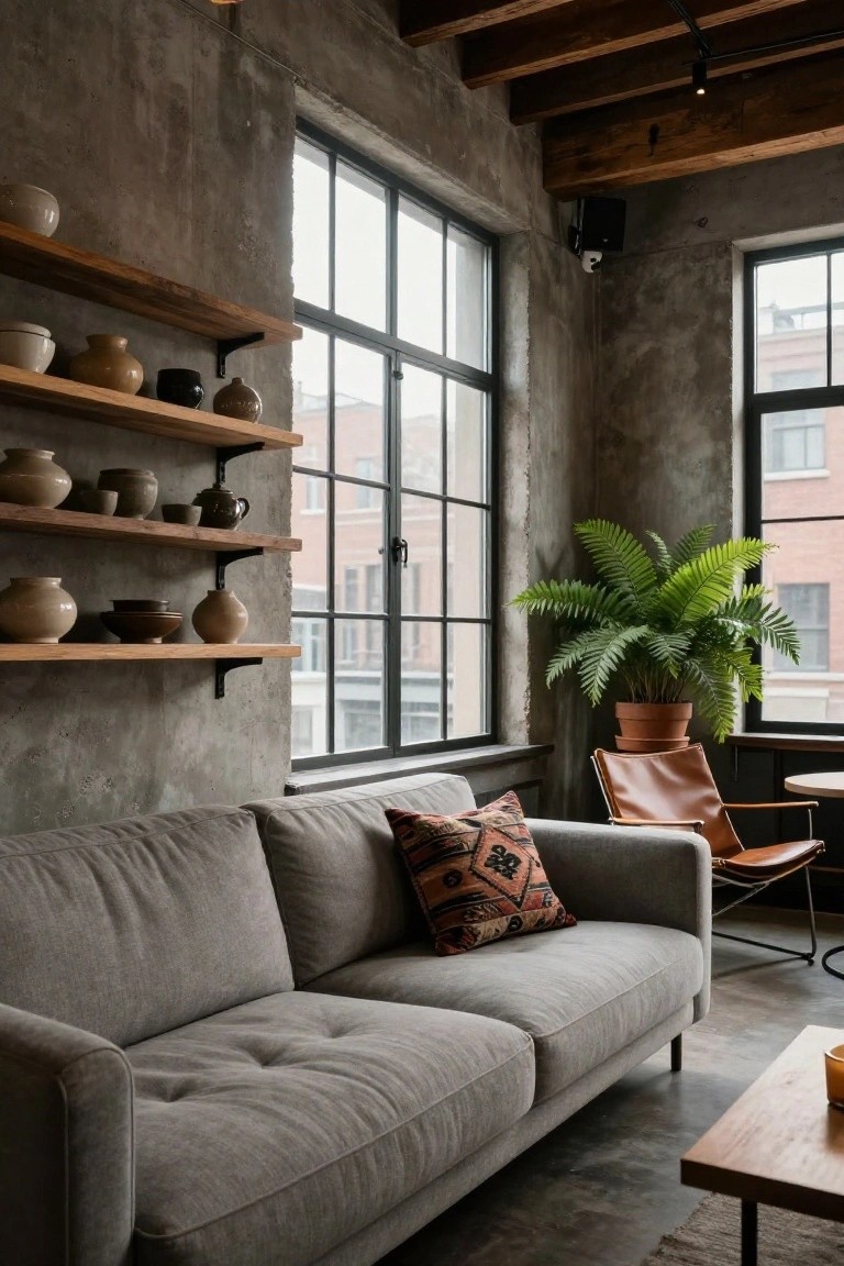 Industrial loft living room featuring a light gray fabric sofa with an orange patterned pillow, wooden shelves displaying various pottery pieces, a large potted fern, tan leather chairs, wooden coffee table, and large metal-framed windows.