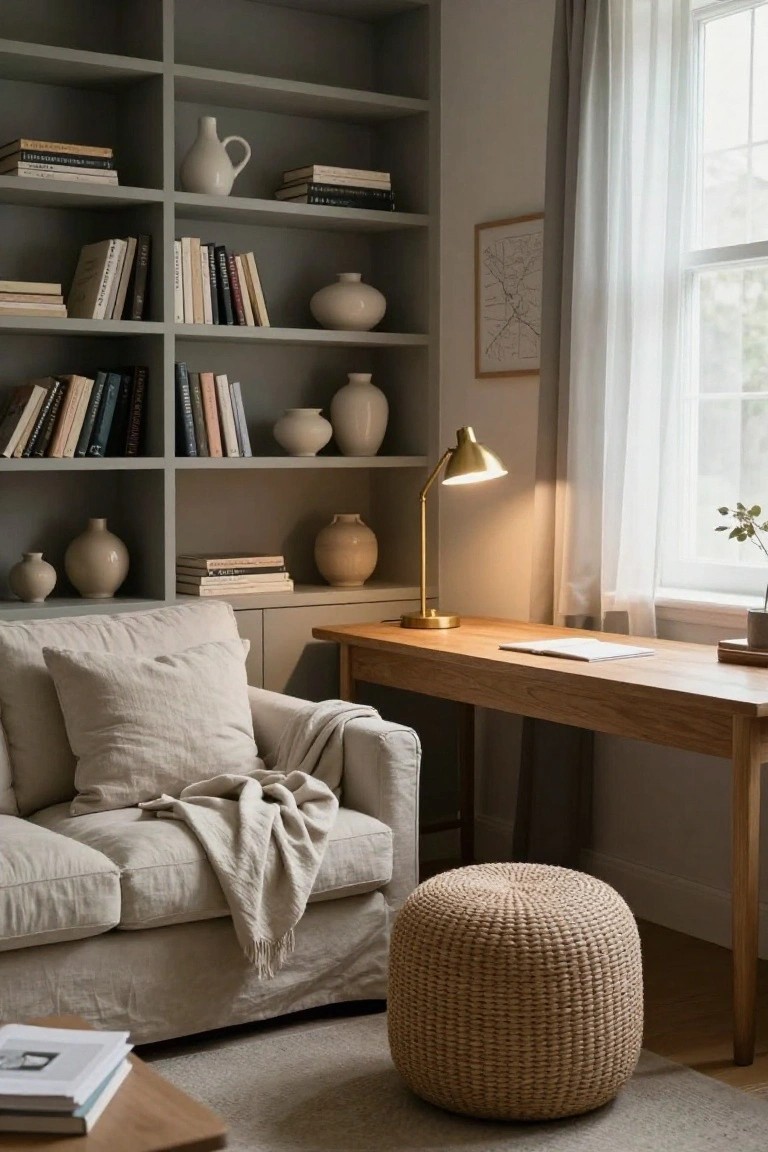 A cream-colored linen sofa with pillows and a draped throw blanket positioned adjacent to gray built-in bookshelves filled with books and ceramic vases, next to a wooden desk and pouf stool in a light neutral room with sheer window curtains.