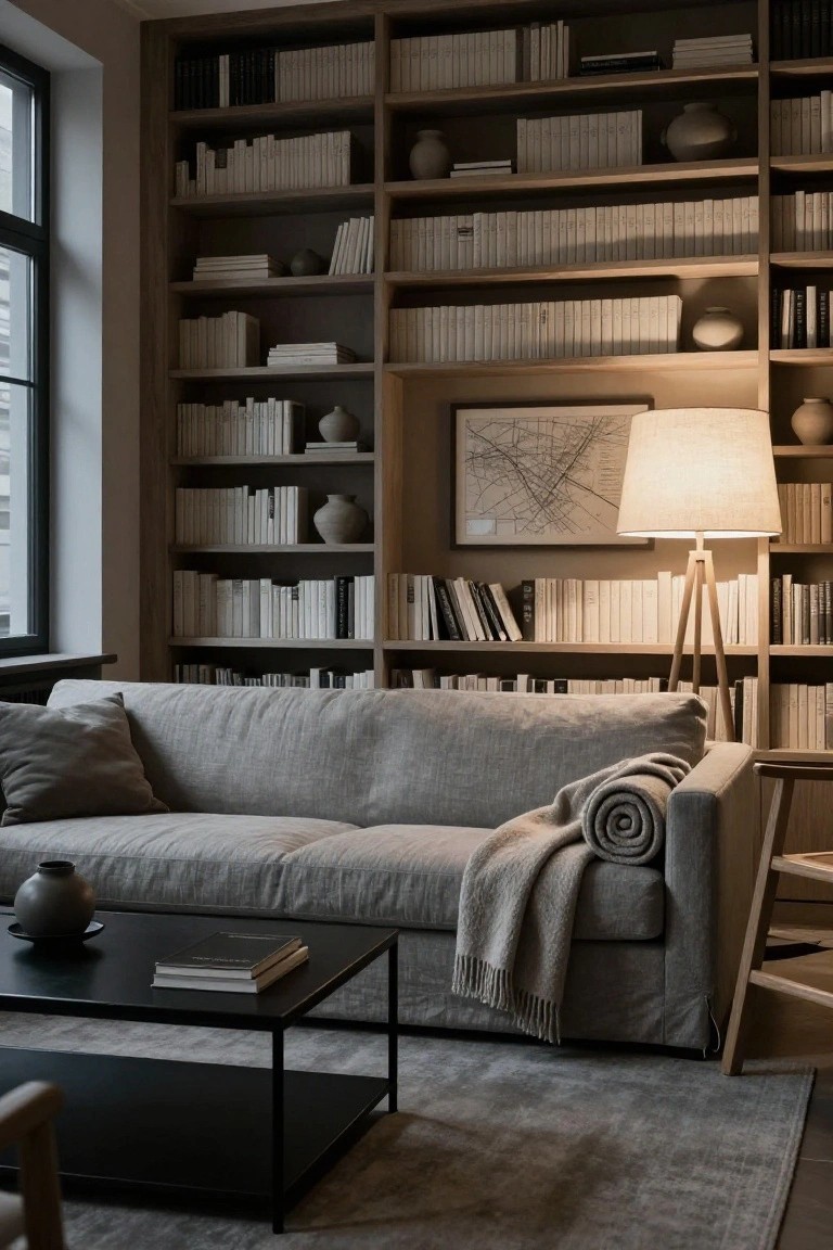 Light gray linen sofa with a gray pillow and rolled gray knit throw on the armrest in a room lined with wooden bookshelves filled with white books, ceramics, and a tripod floor lamp nearby, black metal coffee table with books and vase in front.