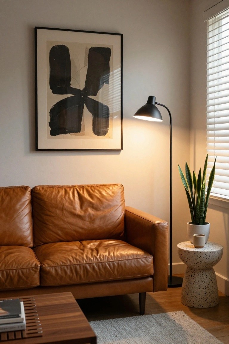 Tan leather two-seater sofa in a beige living room corner beside a tall snake plant in a white pot on a speckled cylindrical stool, with an arched black floor lamp lit up, abstract black and white artwork on the wall, and a wooden coffee table in front.