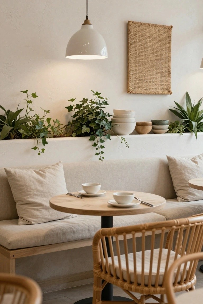 A light beige linen-upholstered bench sofa with pillows sits against a white wall under a shelf holding stacked white and ceramic bowls and ivy plants, with a round wooden table set with teacups and a rattan armchair opposite in a minimalist indoor space.