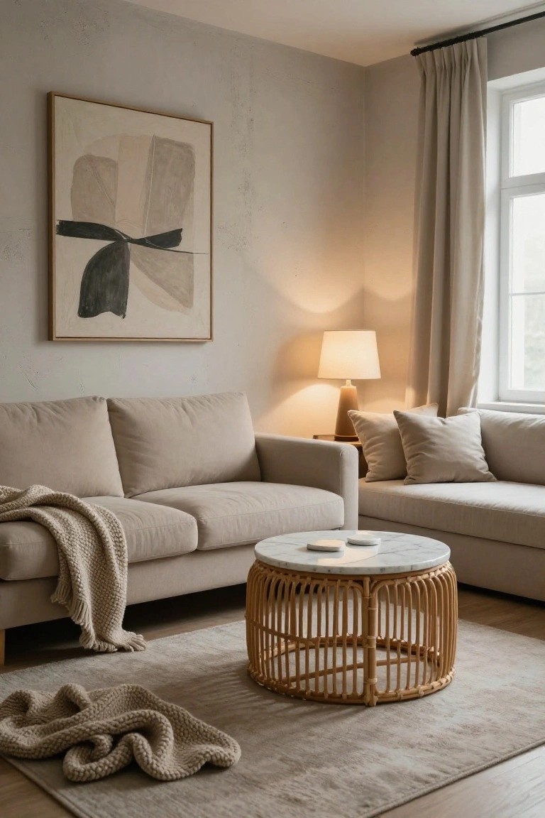 Living room corner with two light beige sofas facing each other around a round rattan coffee table with white marble top, a ceramic table lamp on a wooden side table, neutral abstract painting on textured wall, cream rug, and knit throws draped on furniture and floor.