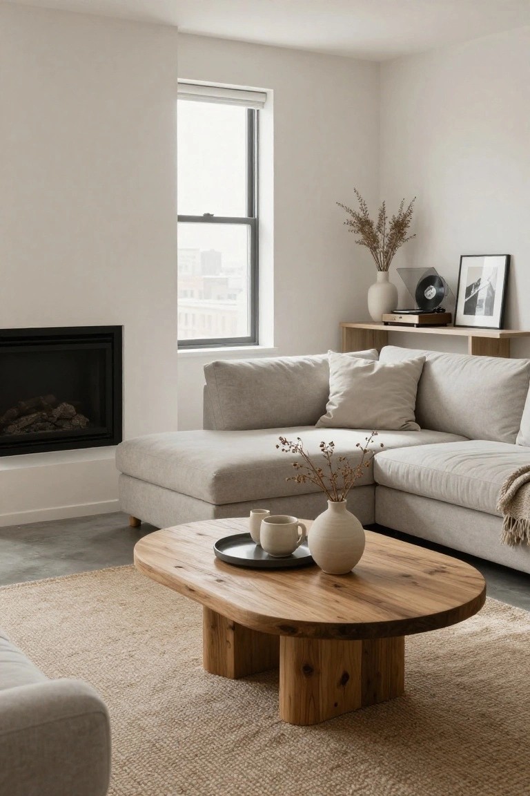 Light beige L-shaped sofa in a white-walled living room corner with oval wooden coffee table holding two ceramic cups, saucer, and vase on seagrass rug, next to fireplace and large window.