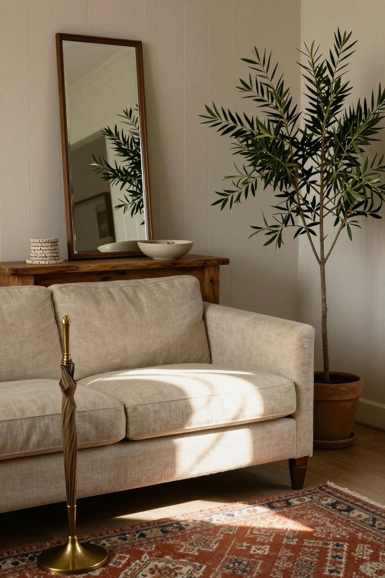 Light beige three-seater sofa in a corner room next to a tall potted olive tree, with wooden sideboard holding white bowls and coasters, tall wooden mirror, brass umbrella stand, and red-patterned rug on wood floor.