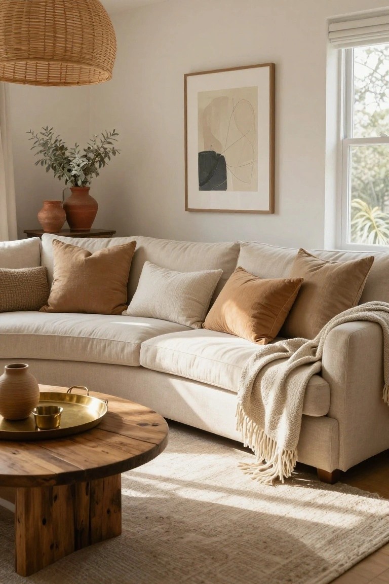 Curved cream sofa in a light living room with terracotta pillows, knitted throw, wooden coffee table with pottery and brass tray, eucalyptus plants in terracotta pots, abstract art on wall, and window with blinds.