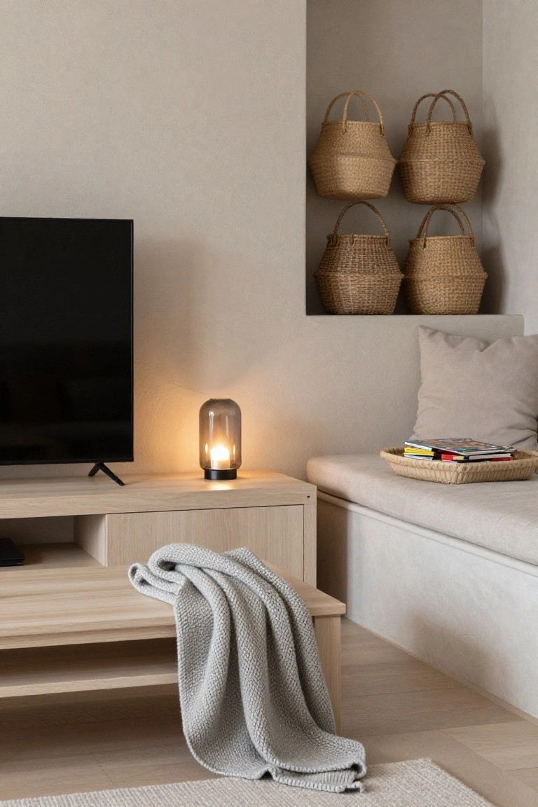 Neutral-toned living room corner featuring a wooden TV stand with black screen TV, a smoked glass lamp, built-in wall niches holding four stacked wicker baskets, a cushioned bench with beige pillow and woven tray of books, and a gray knit throw draped over a lower wooden bench on light wood floors.