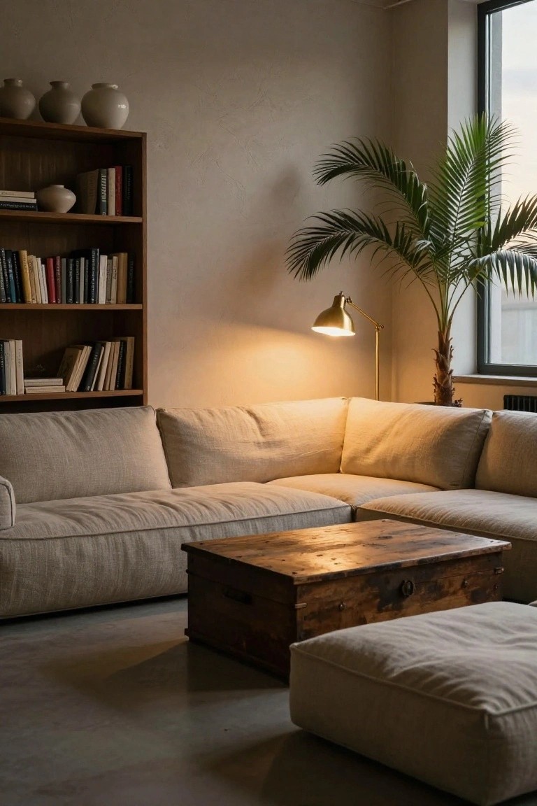 Beige linen L-shaped sofa in a neutral-toned living room with wooden trunk coffee table, fabric pouf, wooden bookshelf, ceramic vases, tall palm plant, arched floor lamp, and window.