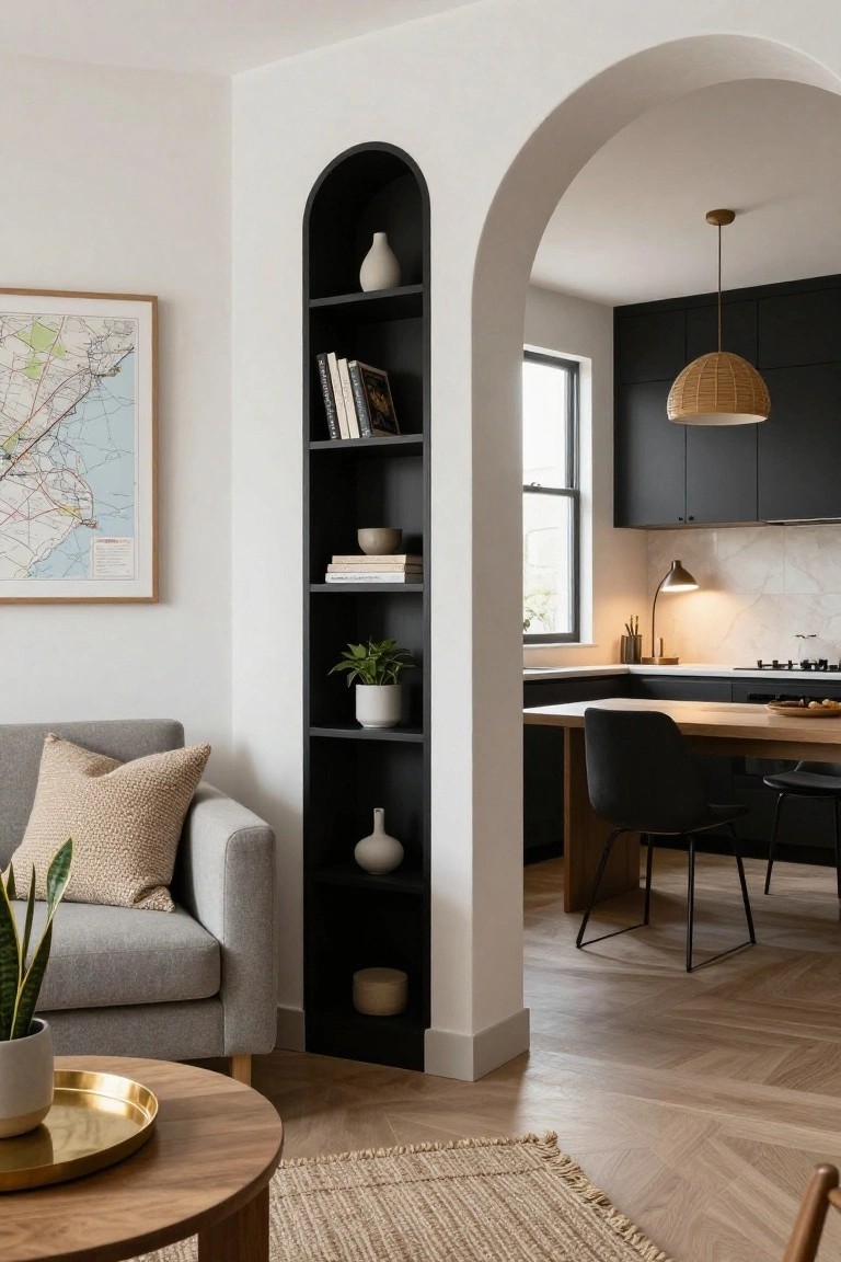 Gray sofa next to tall black arched bookshelf in living room, kitchen with black cabinets visible through archway, herringbone wood floor.