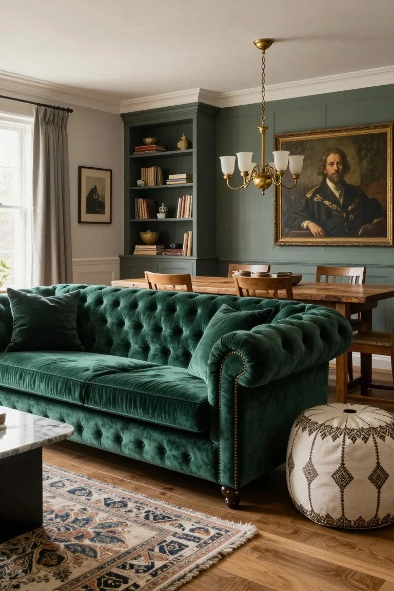 Open-plan interior with green velvet tufted Chesterfield sofa, marble coffee table, white pouf, wooden dining table and chairs, dark green bookshelves, gold chandelier, and portrait painting on green walls with hardwood floors.