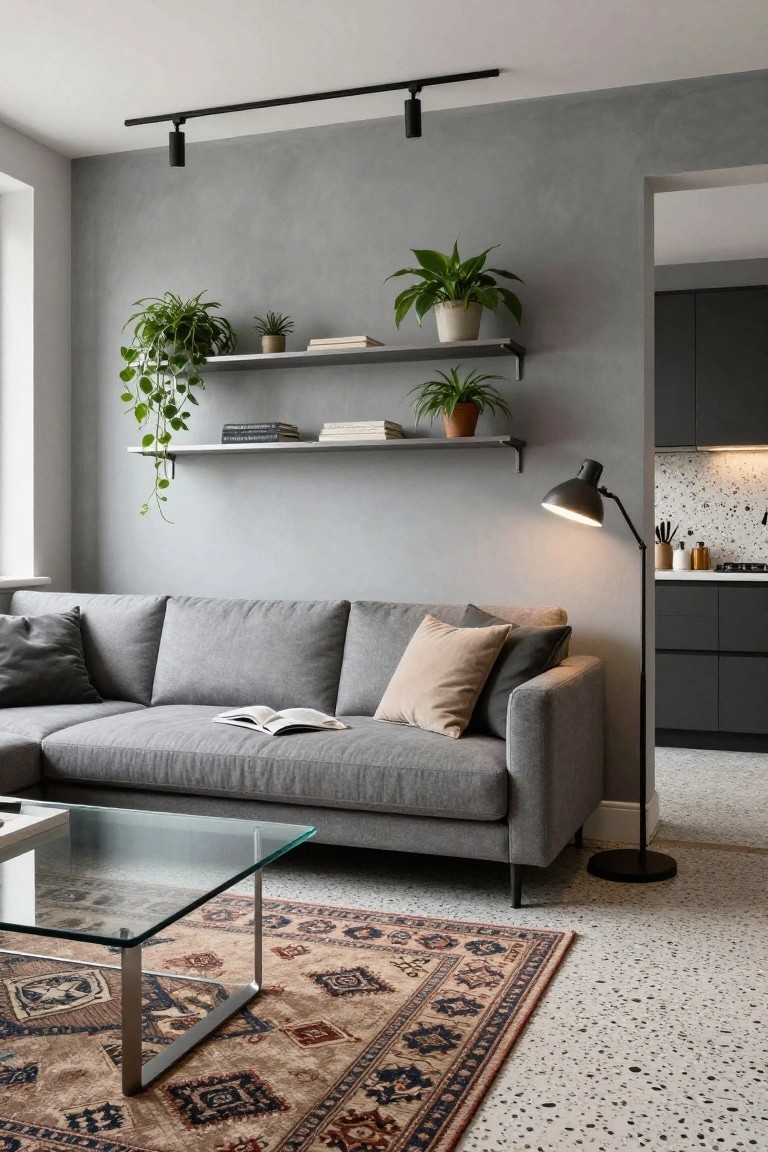 Modern open-plan living room with light grey L-shaped sofa, open book on seat, glass coffee table on Persian-style rug, wall shelves with potted plants, black track lights, floor lamp, and adjacent dark kitchen cabinets on speckled tile floor.