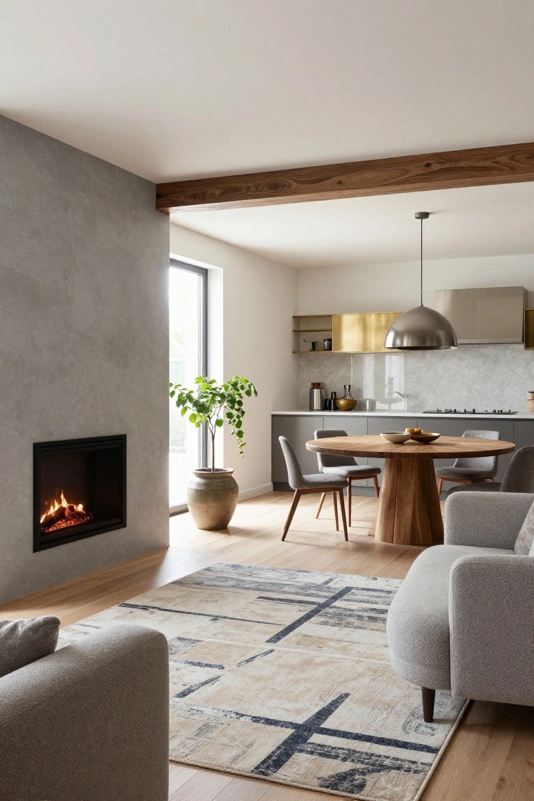 Open-plan interior with curved gray sofa on large patterned rug next to fireplace, round wood dining table with gray chairs, and modern kitchen with gold accents in background.