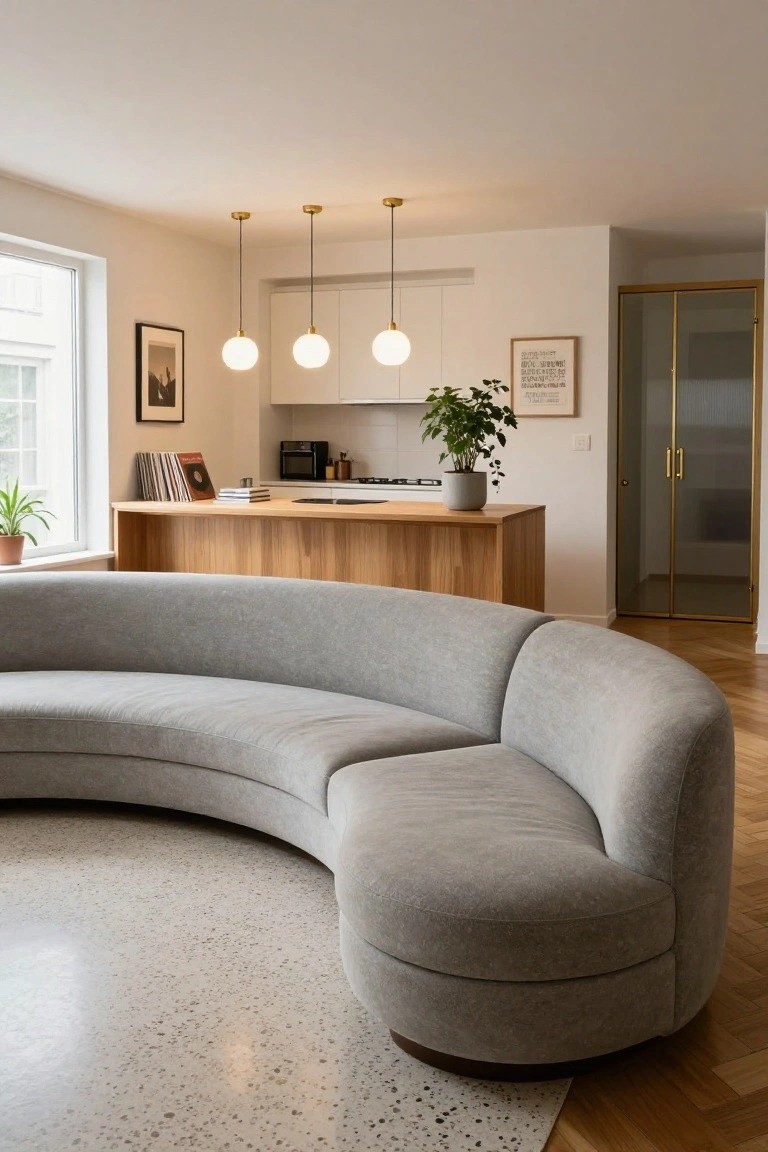 Open-plan interior with a large curved light gray sofa on terrazzo flooring facing a wooden kitchen bar, white cabinets, three white globe pendant lights, plants, books, and a gold-framed glass door.