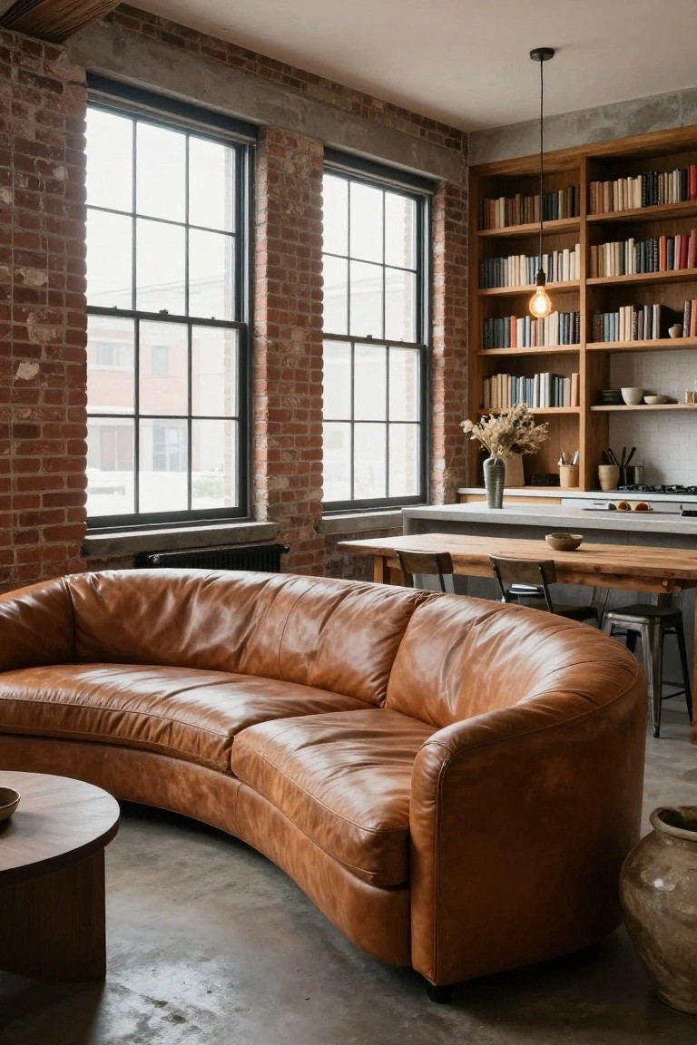 Open-concept loft interior with exposed brick walls, large factory windows, wooden bookshelves, kitchen counter with stools, and curved tan leather sofa facing a round wooden coffee table on concrete floor.