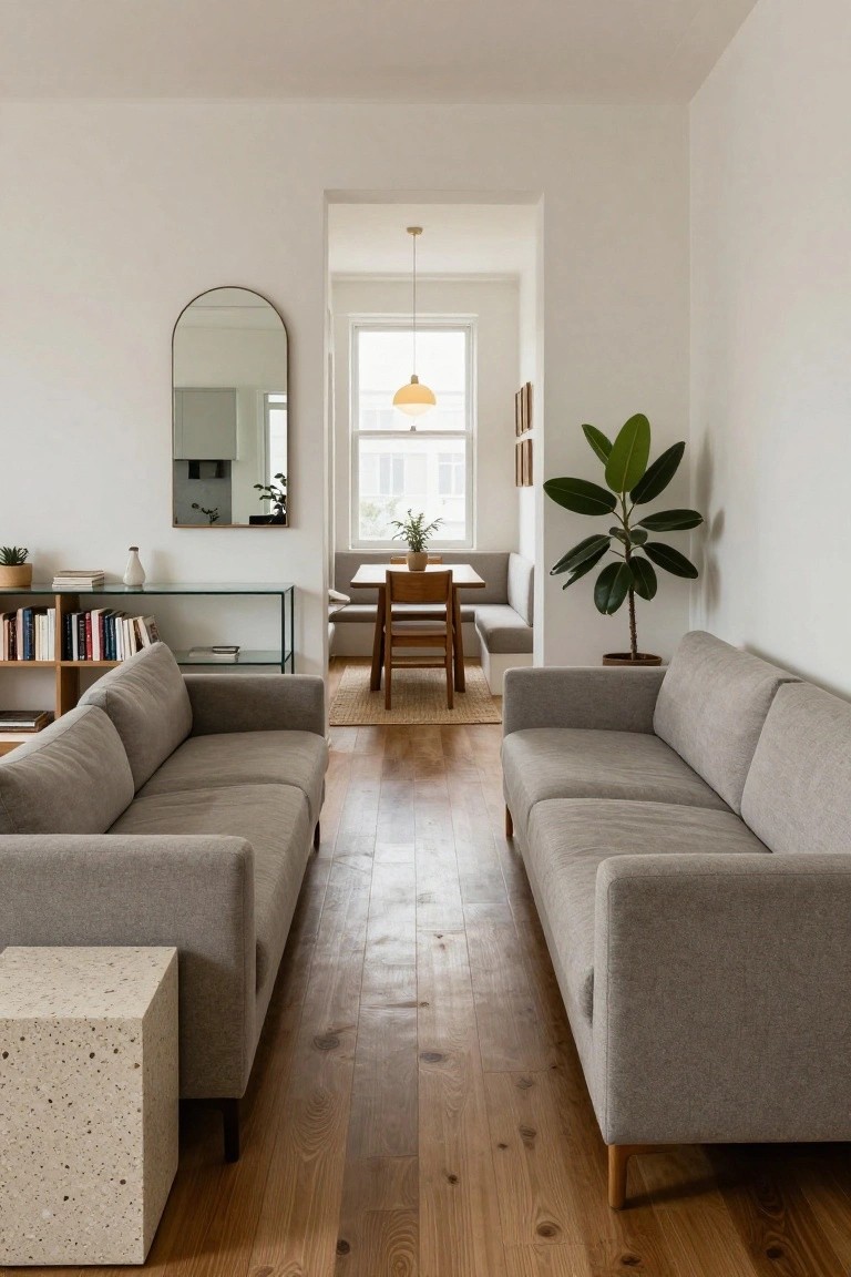 Modern living room with two gray sofas facing each other on wood floors.