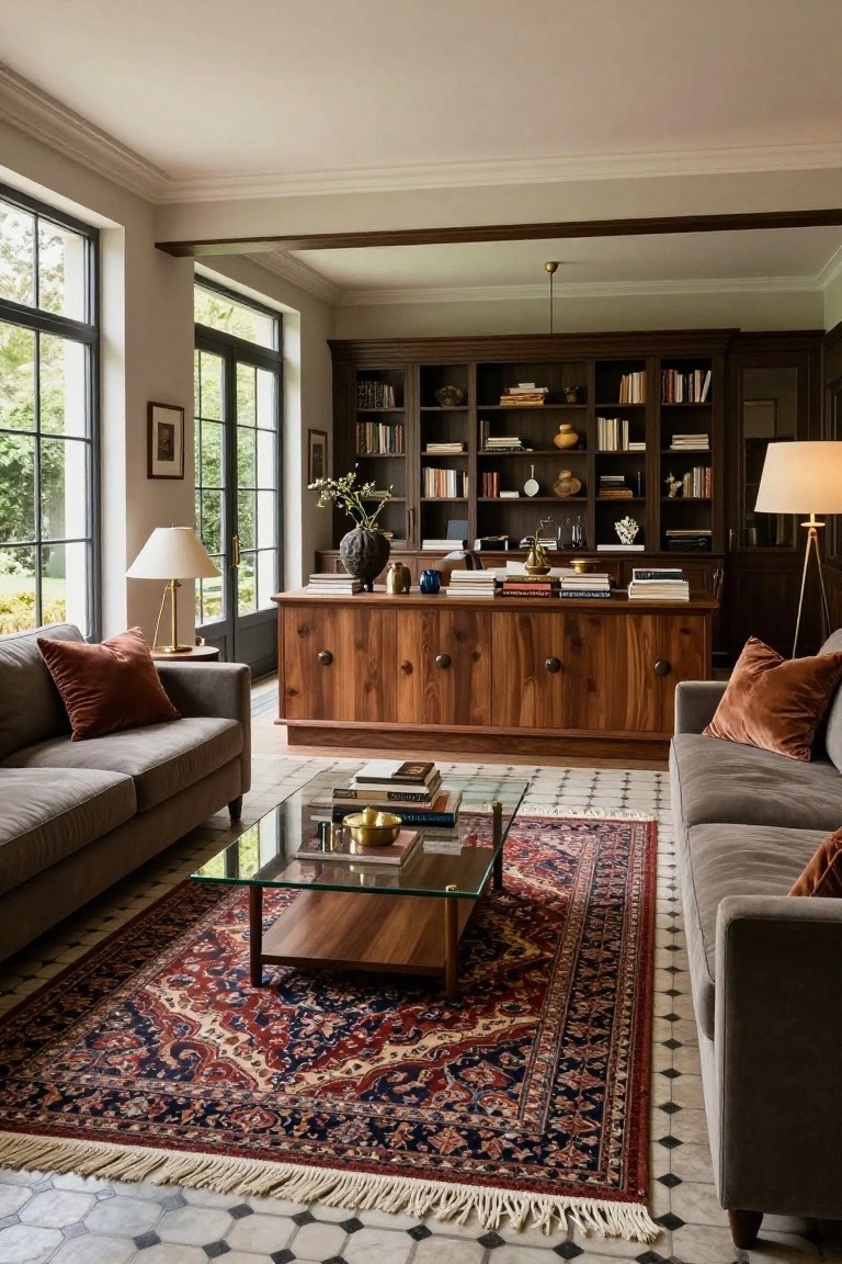 Open-plan interior with two gray upholstered sofas facing each other across a glass-topped wooden coffee table on a red and blue Persian rug, flanked by a wooden credenza and bookshelves, large windows showing greenery outside, and black-and-white checkered tile floor.