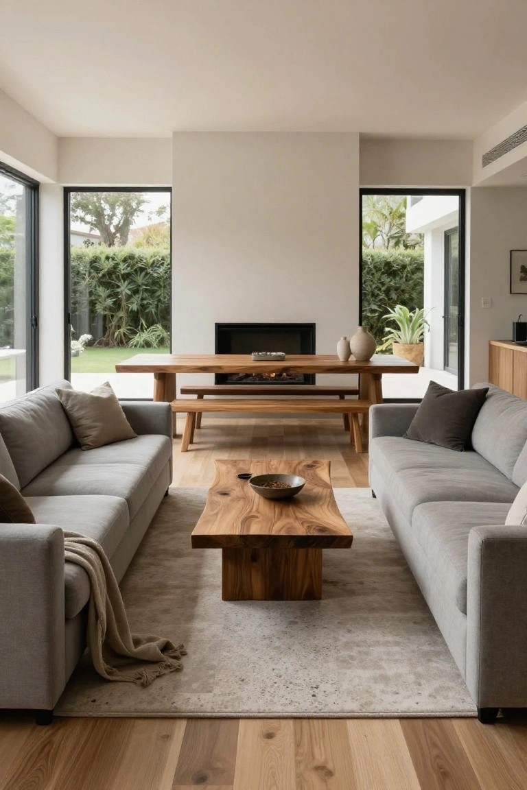 Open-plan interior with two long gray sofas facing across a live-edge wooden coffee table on light oak floors, wooden dining table with benches opposite a fireplace, and large black-framed windows to a garden.