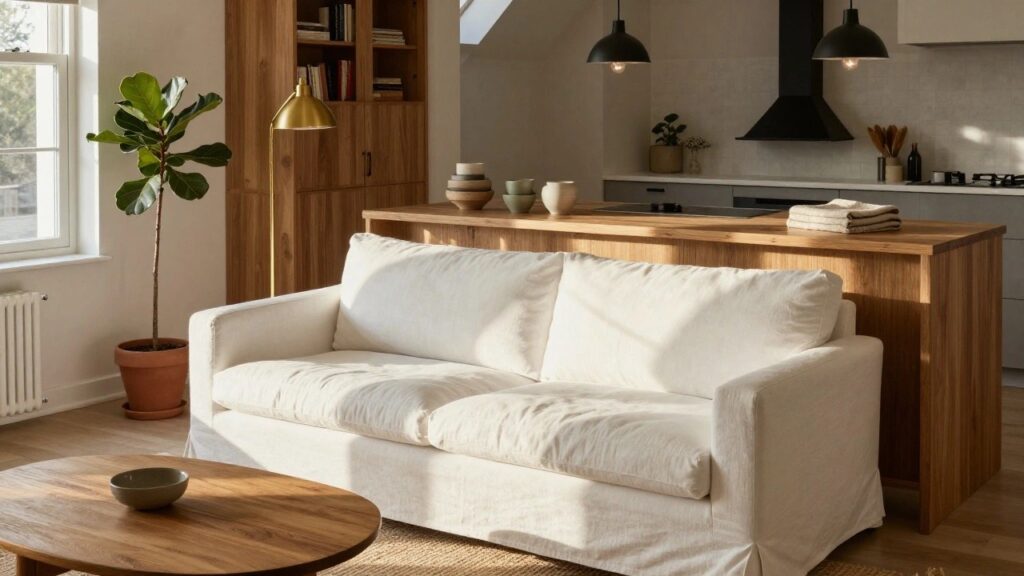 Open-plan interior with white linen sofa on jute rug facing wooden kitchen island, pendant lights above, large windows with natural light, and potted plants.