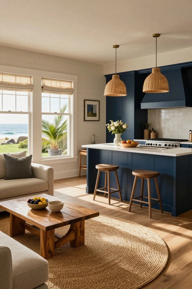 Open-plan interior with navy kitchen island, wooden stools, woven pendant lights, beige sofa facing low wooden coffee table on seagrass rug, and large windows overlooking ocean, beach, and palm tree.