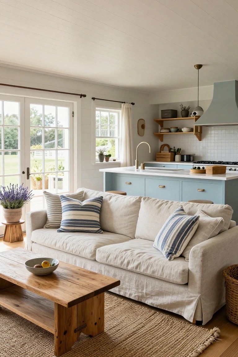 Open-plan kitchen-living room with white shiplap walls and ceiling, light blue kitchen island, beige linen slipcovered sofa with blue-and-white striped pillows, wooden coffee table with bowl of fruit, seagrass rug, potted plants, and large windows showing green yard outside.