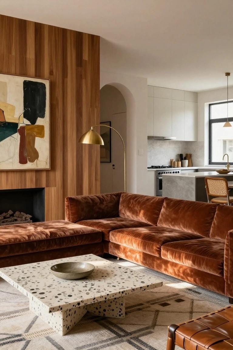 Open-plan living room featuring a rust velvet L-shaped sofa positioned in front of a wood-paneled wall with fireplace, adjacent to a white kitchen visible through an arched doorway, with a terrazzo coffee table on a patterned rug.