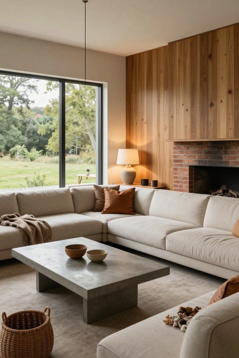 Modern living room with light beige L-shaped sectional sofa, wooden vertical plank wall, brick fireplace with firewood, low concrete coffee table holding two ceramic bowls, orange throw pillows, knit blanket, wicker basket on beige carpet, and large black-framed windows overlooking green yard and trees.
